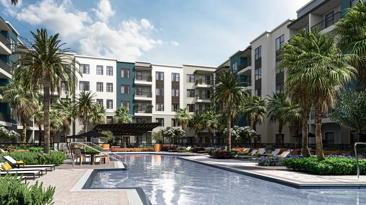 A pool deck at an apartment building.