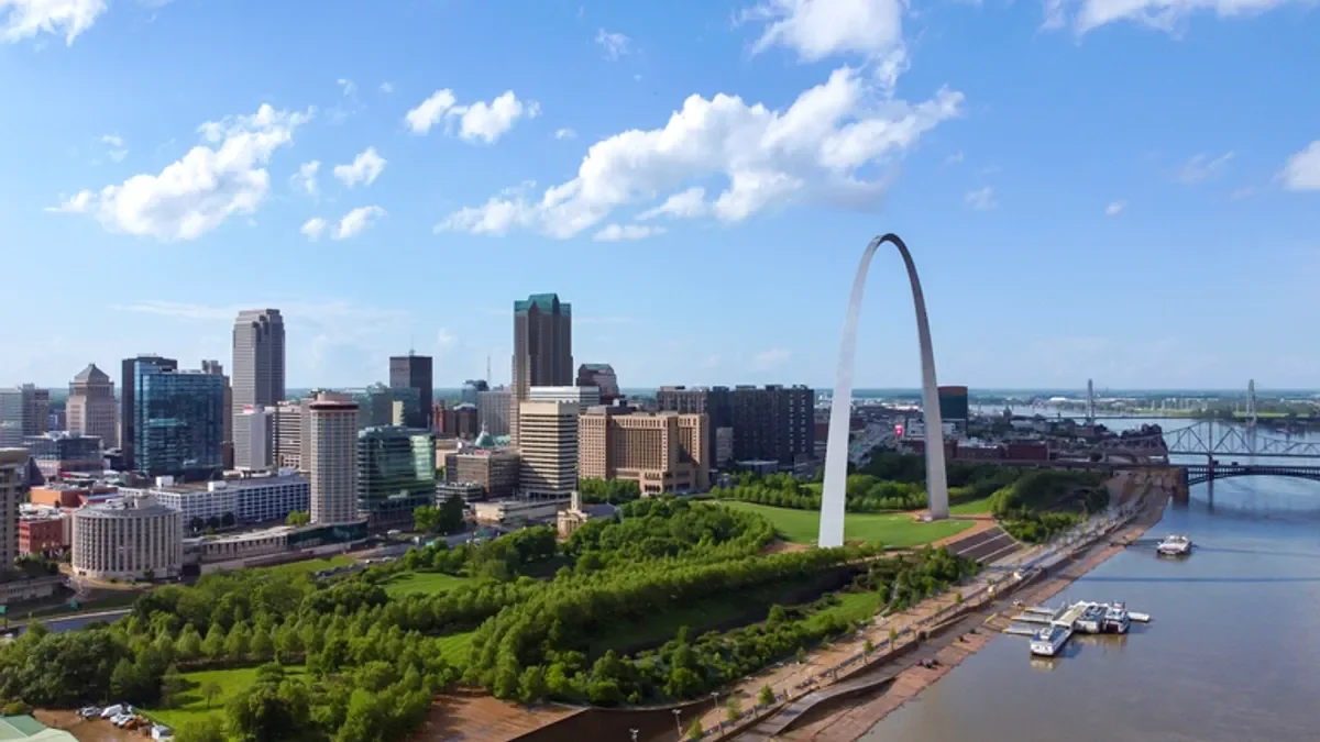 Aerial view of downtown St Louis, featuring the Gateway Arch