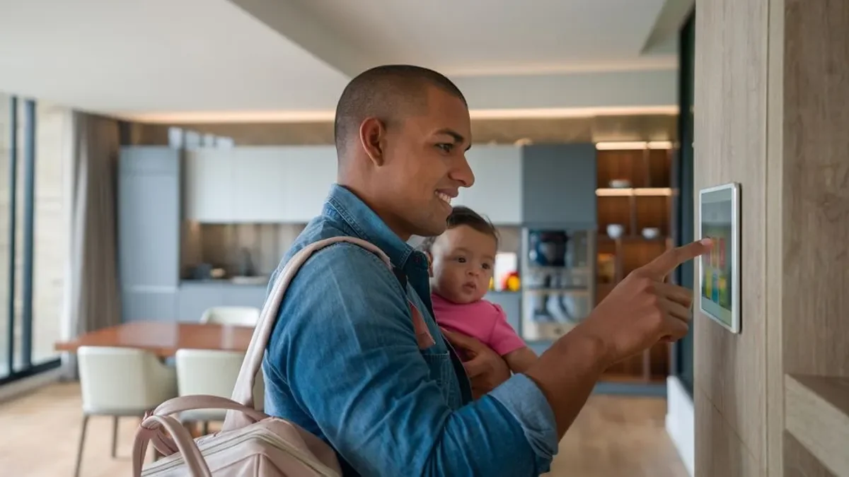 Man leaving the house with his baby and locking the door using a home automation system stock