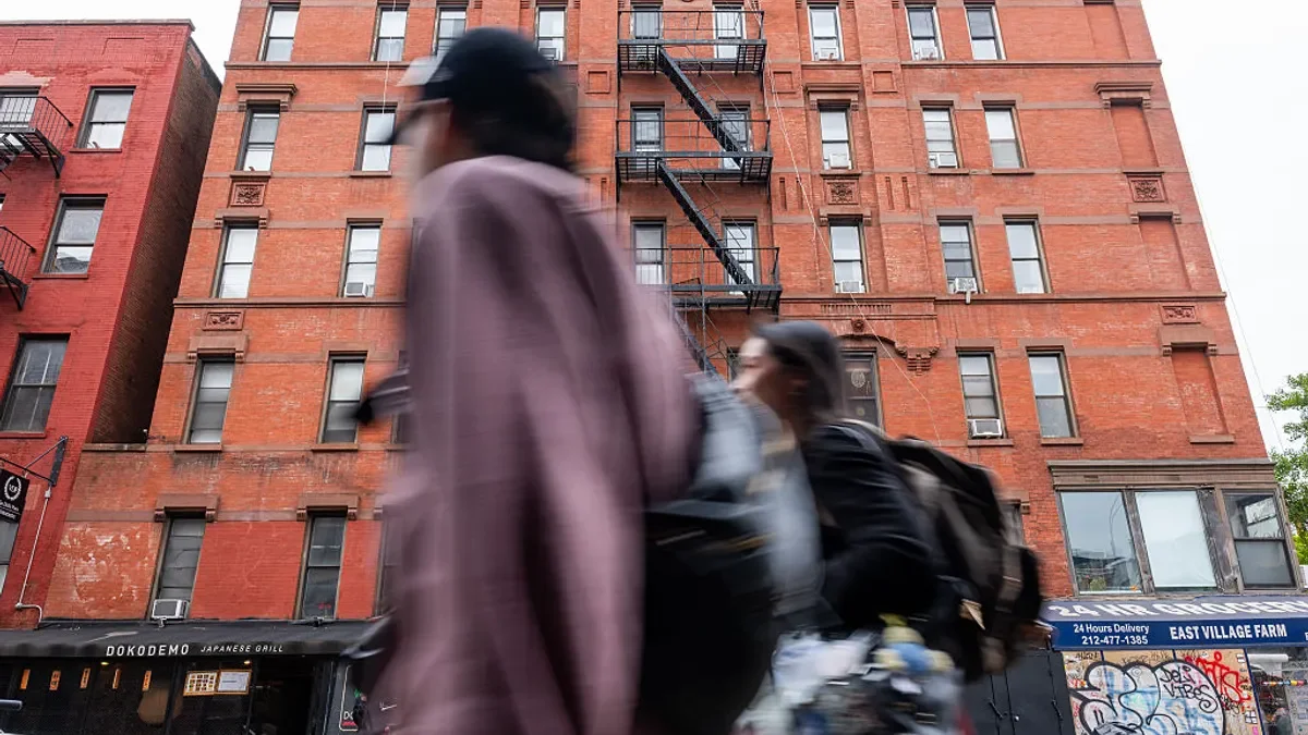 An apartment building stands in the East Village neighborhood on May 11, 2026 in New York City.